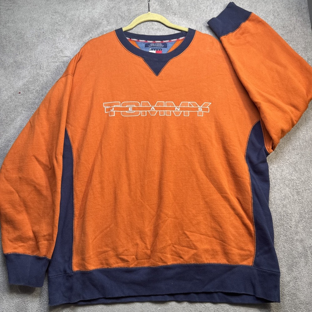 Vintage Tommy Jeans Logo Colorblock Sweater Blue Orange Mens XXL‎ Y2K